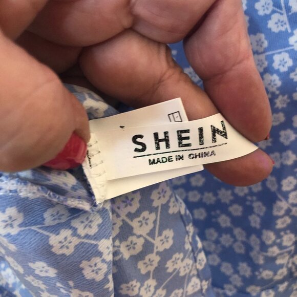 SHEIN Allover Blue & White Floral Print Ruched Bust Ruffle Hem Cami Dress S - Picture 8 of 13